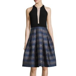 Carmen Marc Valvo Sleeveless Illusion V Neck Fit Flare Dress Metallic Sparkle 6